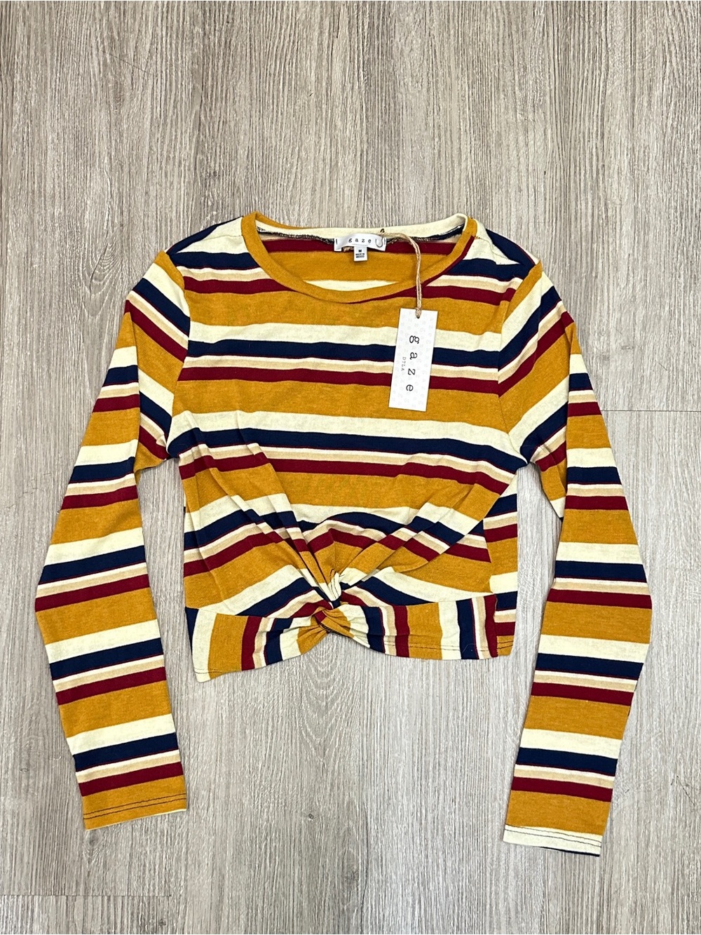 gaze Long Sleeve Striped Twist Front Tee in Mustard, Burgundy, Navy, Cream